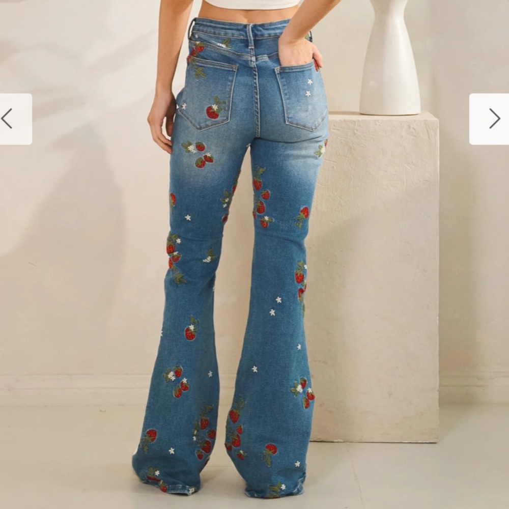 Blue Embroidered Strawberry Flare Jeans - Picture 6 of 9